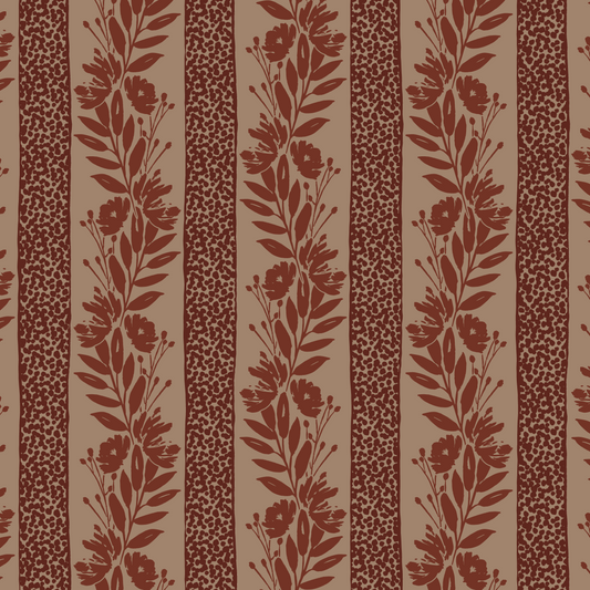 Floral Stripe Fabric | Brick & Taupe